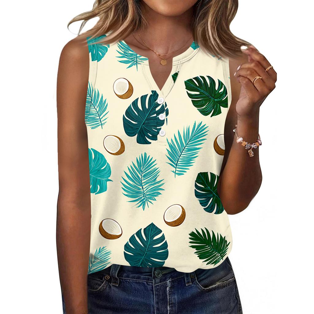 Women's Fashionable Casual Hawaiian Print Sleeveless Button Vest Top