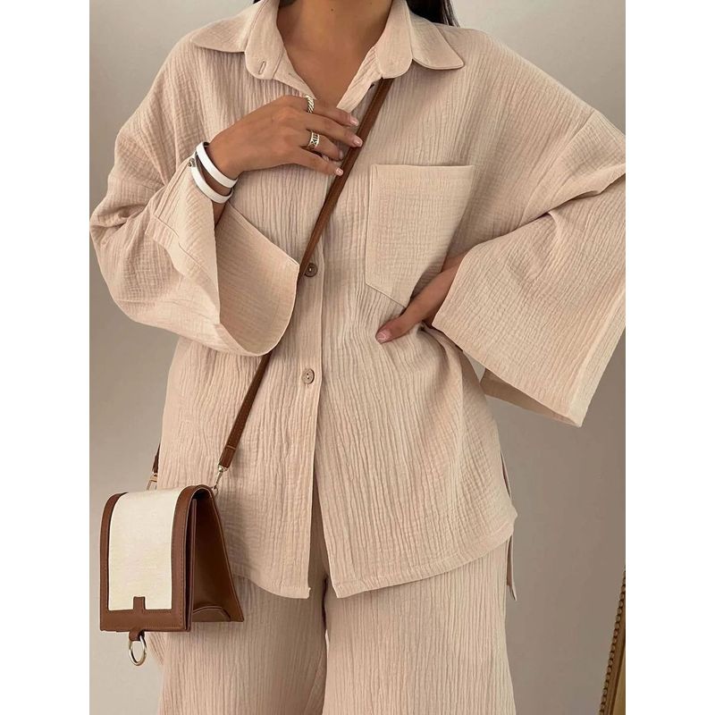 

Solid Color Shirt Wide Leg Pants Set Pure Color Shirt High Waist Loose Pants Suit Women GRAY XXL