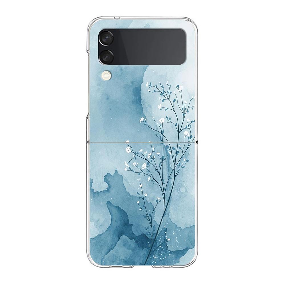 Transparent Phone Case For Samsung Galaxy Z Flip 3 4 5 6 7 Hard Folding PC Z Flip3 Flip4 Cover Cute Blue Pattern