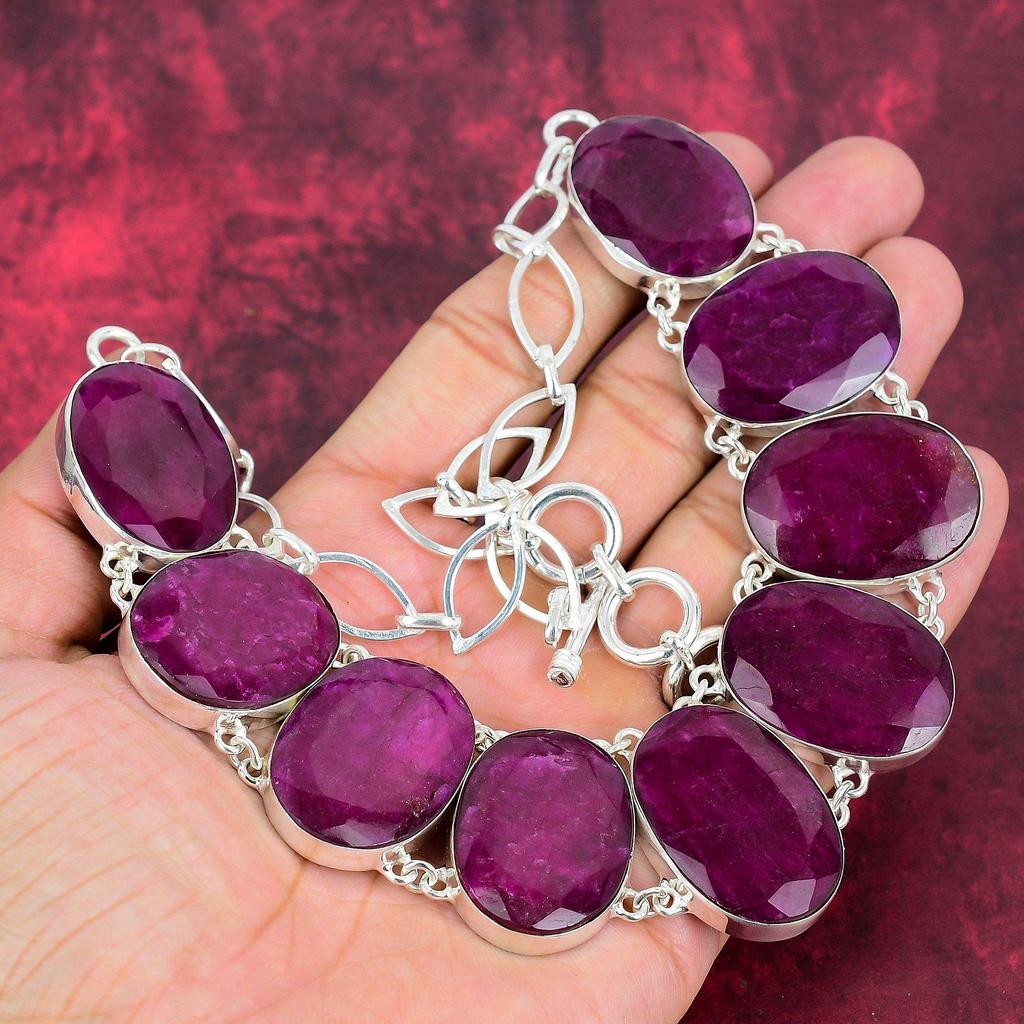 Wunderschöne Kashmiri Roter Rubin 925 Sterling Silber Halskette mit verstellbarer Kette, handgefertigte Edelstein Schmuck Halskette