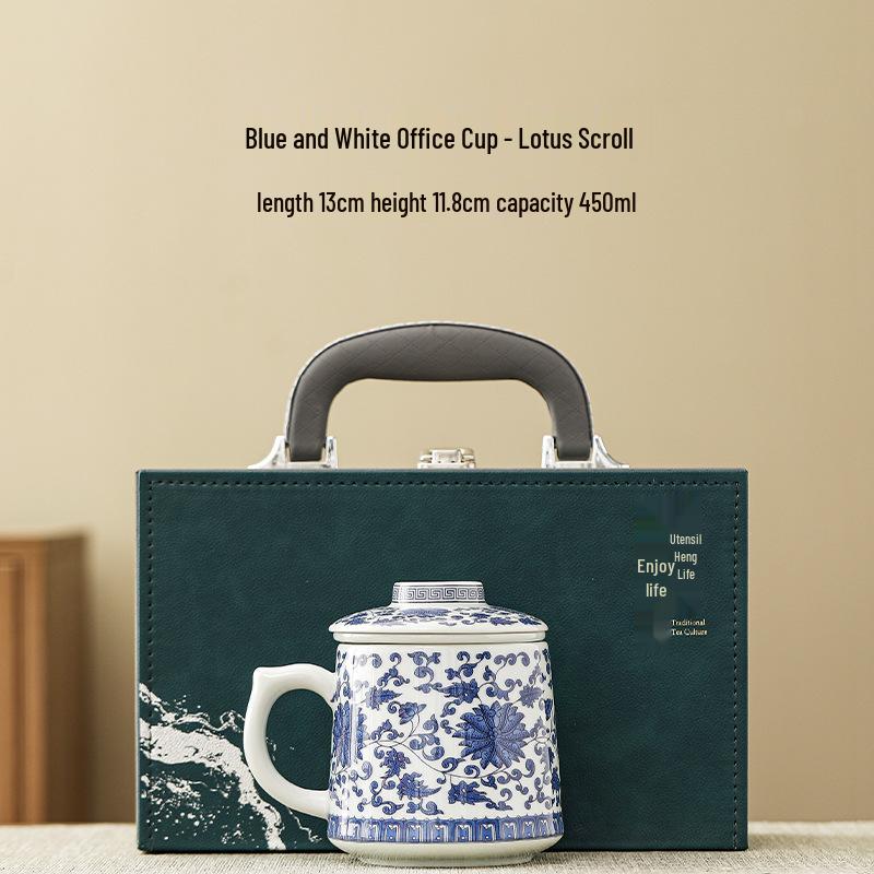 Mutton Fat Jade Blue & White Ceramic Tea Cup with Water Separator - Ideal Gift for Elders