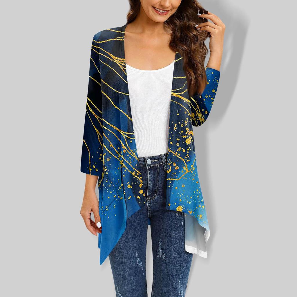 Women's Floral Print Irregular Three-quarter Sleeve Cardigan With Pocket Jacket