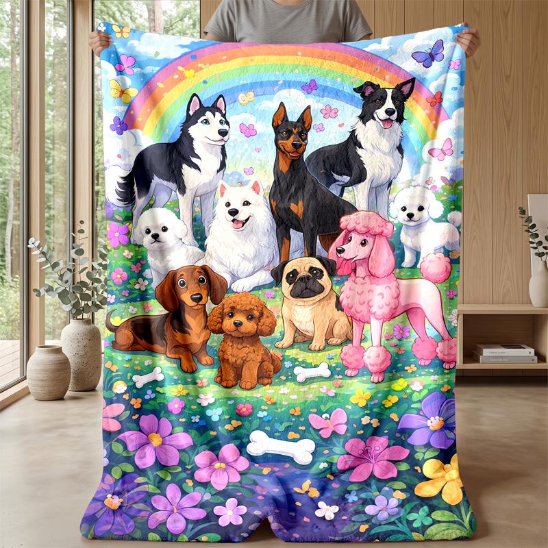 Dogs Among Flowers and Rainbow Theme blanket Lightweight Warm Flannel Blanket Decorative Throw Blanket for Home Decoration