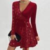 Fall Spring Women Dress V Neck Lace-up Tight Waist Sequin Decor A-line Big Hem Long Sleeves Prom Party Mini Dress