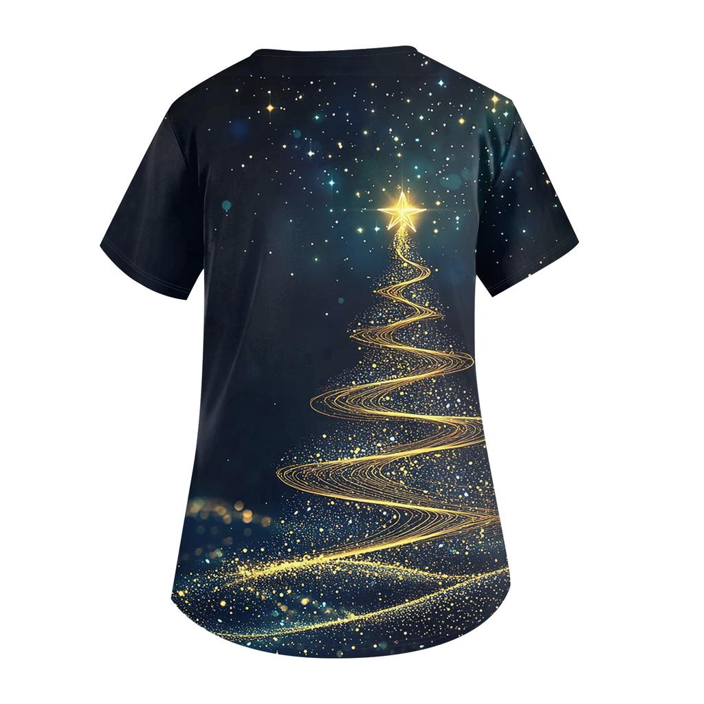 Women's V-neck Christmas Print Short-sleeved Pocket Side Slit Uniform Top
