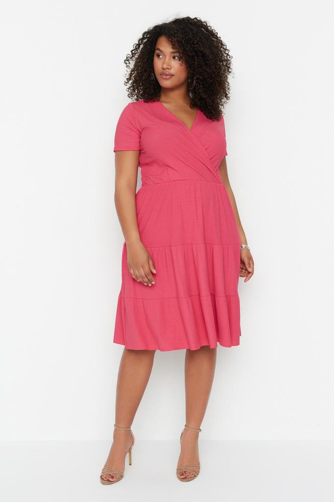 Damenmode Neues Plus-Big-Size-Kleid Grünes Strickkleid mit V-Ausschnitt und Blumenmuster