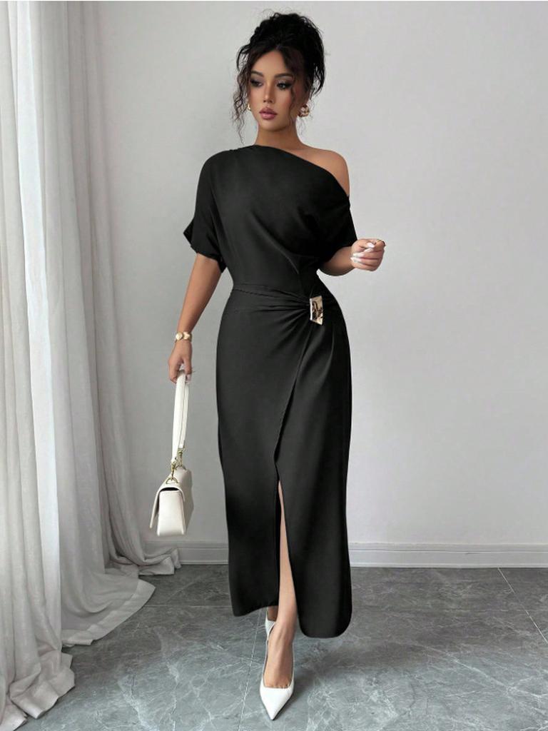 Summer Off-Shoulder Dress for Women, Solid Color Split Elegant Slim Fit Bodycon Maxi Dress