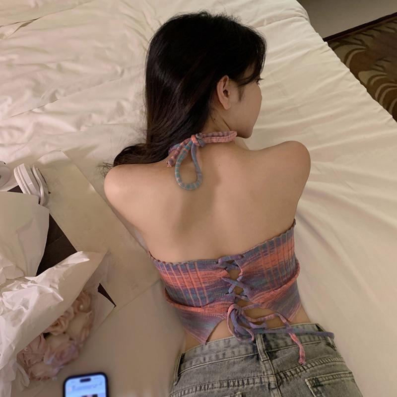 Dámské Slim Halter Crop Topy Pletené Tílko Streetwear Bez zad Univerzální Topy