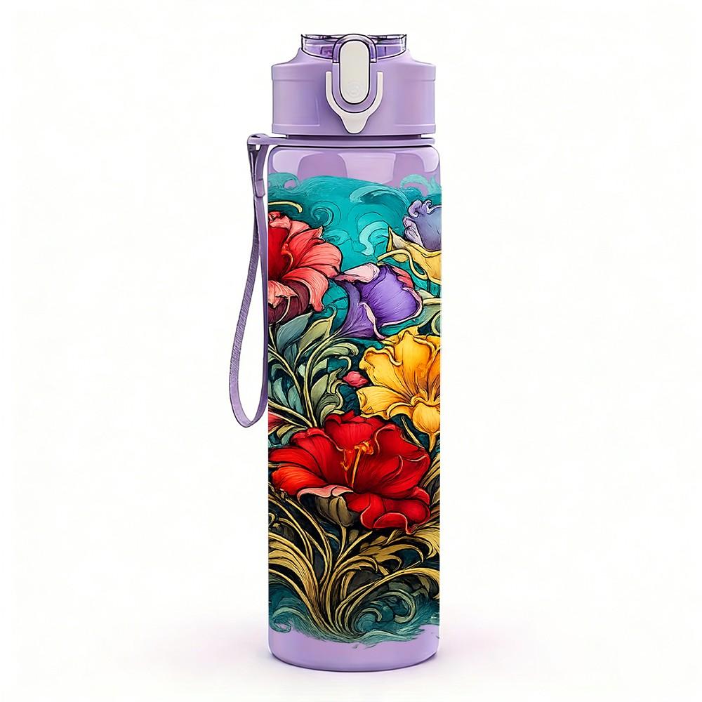1PC Multi Color Wild Flower Print 750ml Color Plastic Sports Water Bottle Leakproof Flip Straw Lid Suitable for Sports Office Home Use