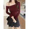 Spring Autumn Sloping Shoulders Sexy Fashion T-shirt Women Long Sleeve All-match Slim Tee Pullover Top