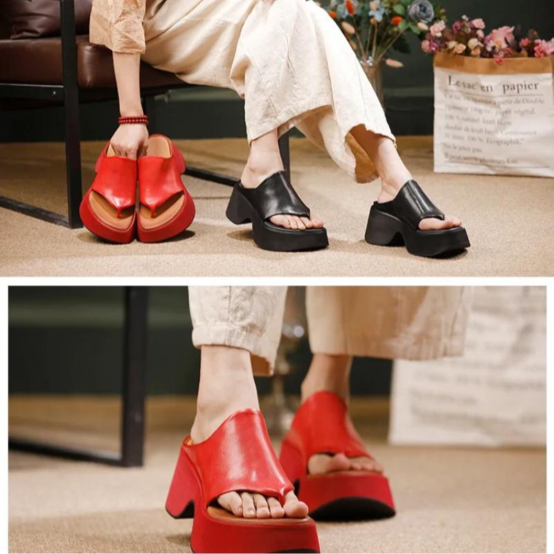 Johnature Chanclas de Cuero Genuino con Suela Gruesa Cuñas Retro para Exteriores Zapatillas Zapatos de Plataforma para Mujer