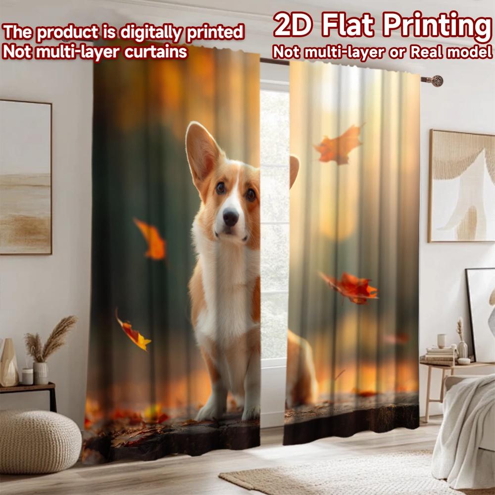 2D flat printing 2pcs Window Curtains Cute Corgi Autumn Leaves Digital Printed Polyester Drapes Festive Wall Decor Perfect for