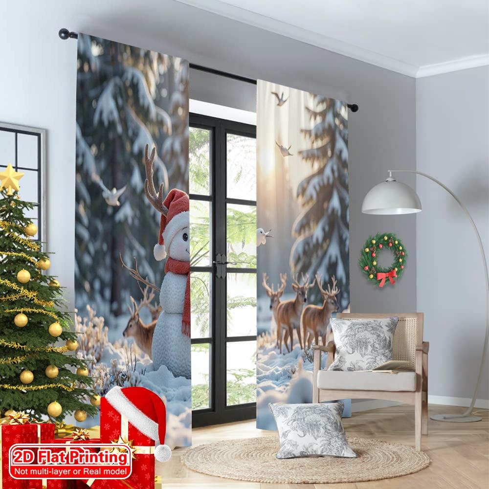 2pcs 2D Flat Printing Christmas Scene Curtain Snowman Deer Birds Winter Forest 100% Polyester Without Electricity Party &