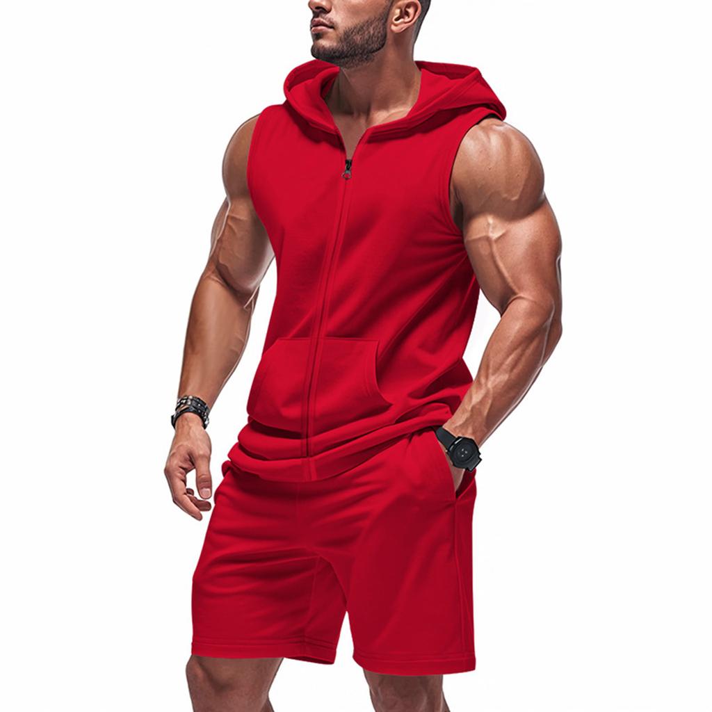 Men's Hooded Sleeveless Jacket With Pockets Casual Sports Shorts Set