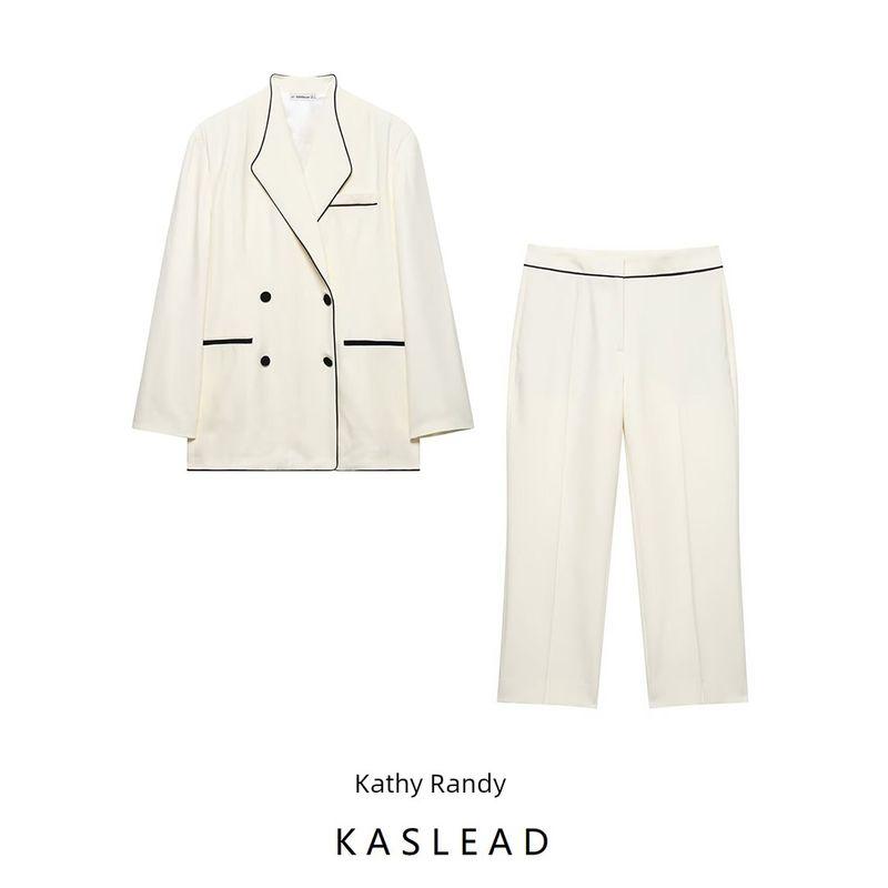 Kaslead New Women clothes Western Style Contrast Color Trim Blazers Trousers 3085694 3088694