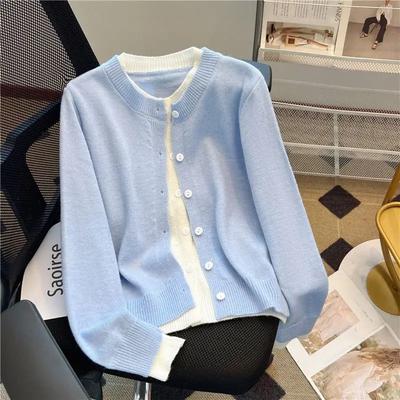 Women Knit Cardigan Color Block Round Neck Long Sleeve Faux Two Piece Spring Autumn New Design Soft And Youthful Coat