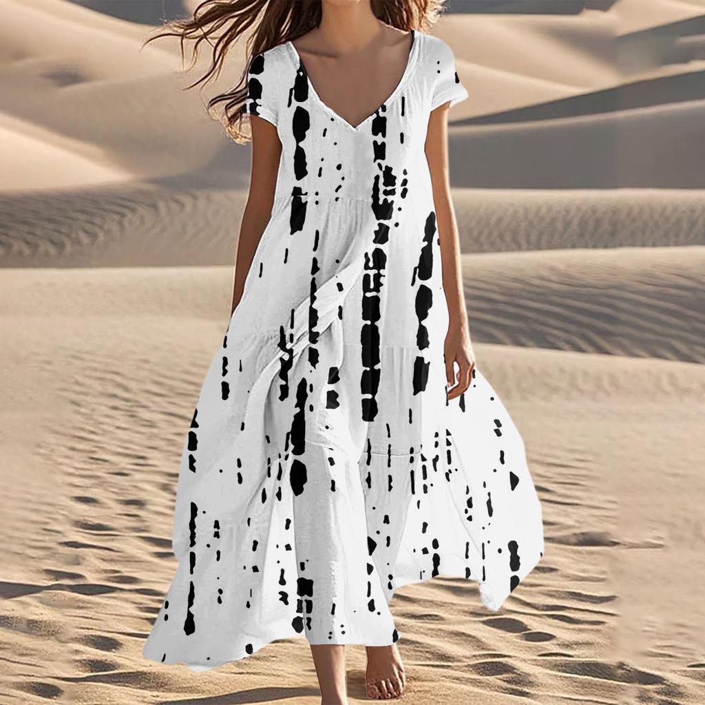 Women's Summer Fashion V-Neck Beach Long Short Sleeve Striped Geometric Print Dresses