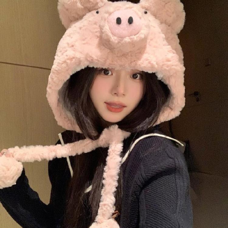 Winter Warm Plush Pig Ear Earflap Hat for Women Girl Furry Beanies Hat Outdoor Activity Cold Weather Skull Hat Headwear