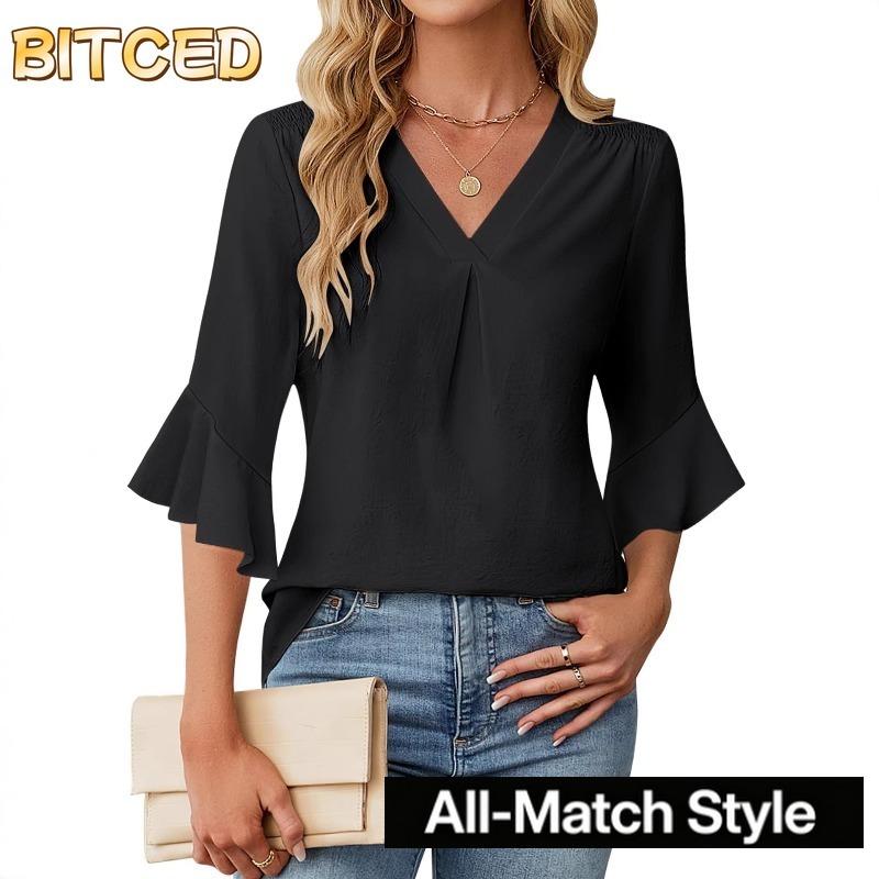 BITCED Women's Fashion Casual Solid Color Print V-Neck 3/4 Sleeves Blouses & Shirts