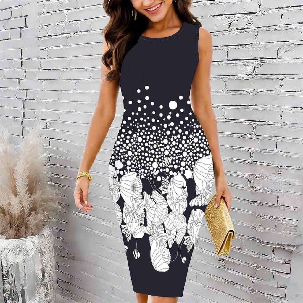 Women Plus Size Sleeveless Round Neck Midi Bodycon Dress Light Blue Vintage Floral Gradient Print Slim Fit Dress