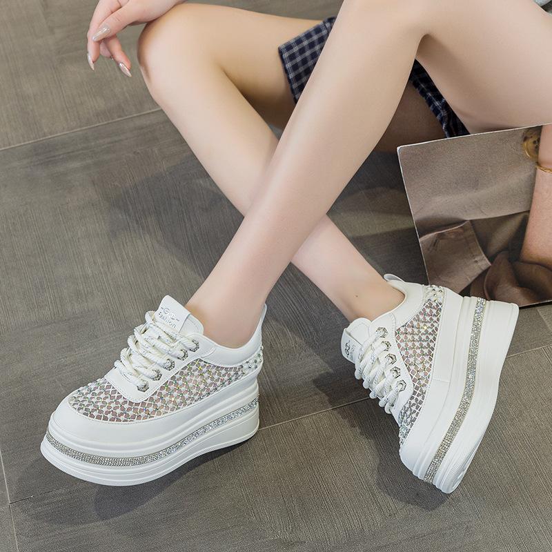 Summer new thick-soled inner height increase 8 lightweight versatile rhinestone breathable mesh women's thin casual shoes