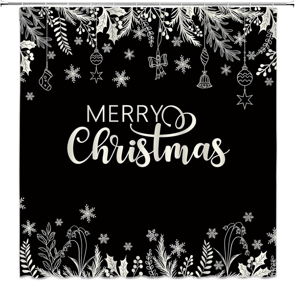 Merry Christmas Shower Curtain Black Holly Pine Leaves Snowflake Xmas Balls Winter Fabric for Bathroom Decor Bathtub with Hooks