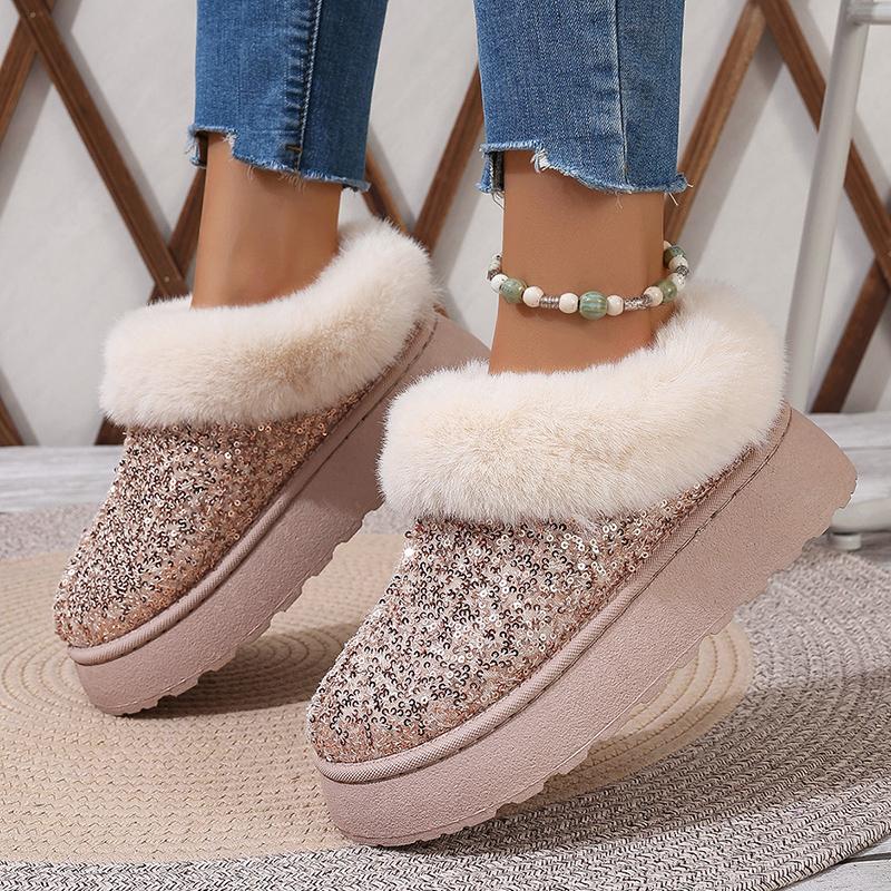 fashion Shiny Sequins Fluffy Plush Snow Boots Women's Warm Padded Slip On Short Boots Trendy Gold Thick Platform Faux Fur Boots
