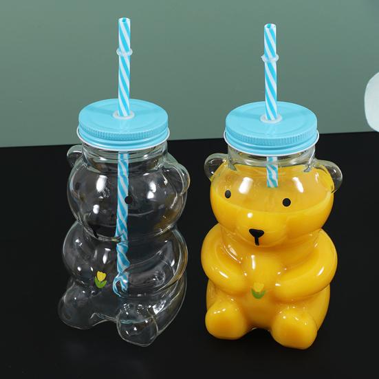 500ml Glass Cup with Straw Reusable Bear Bottle Food Grade Borosilicate Glass Heat Resistant Microwave Safe Drinking Bottle