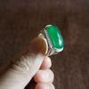 Vintage Silver Band Ring Rectangle Glossy Green Stone with Side Small Crystal Decor Unisex Formal Finger Jewelry