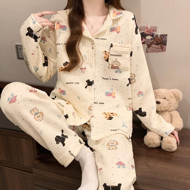 Dackel-Pyjama Herbst und Winter Damen Warm Süß Kariert Luftbaumwolle Lässig Trend Cartoon Loungewear Set