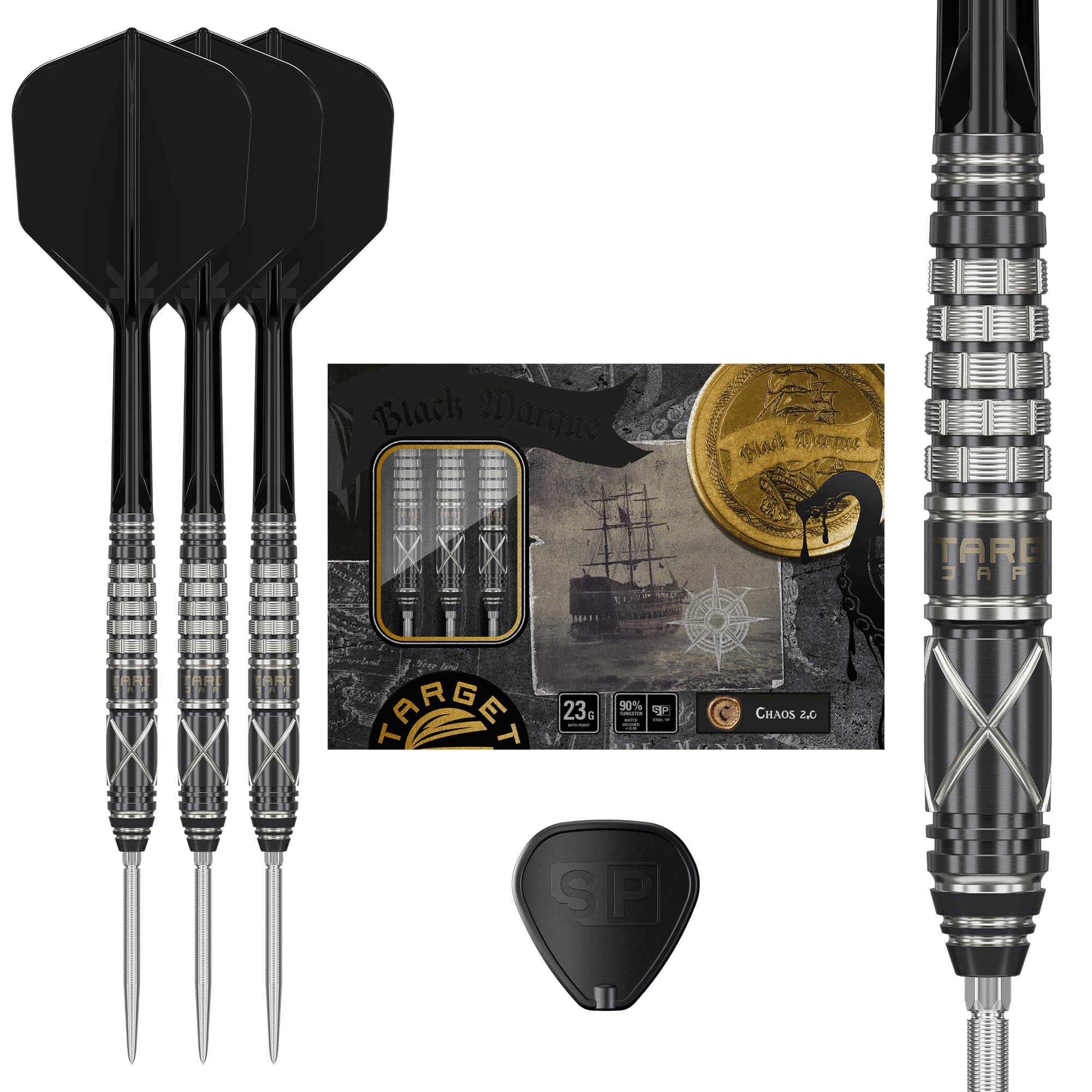 

Target Japan BLACK MARQUE CHAOS 2.0 90% Tungsten Steel Tip Darts Set, 21G/23G, K-Flex No. 6 Shape (23G)
