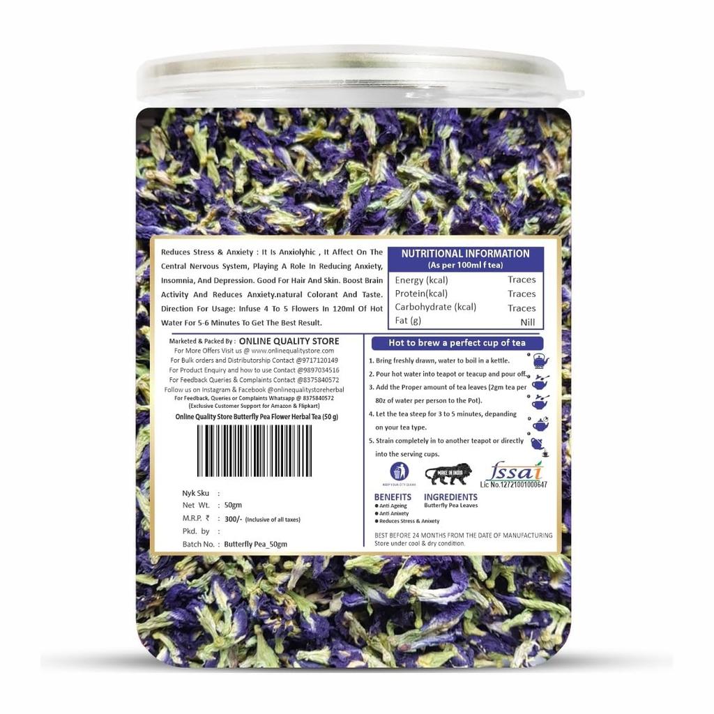 Online Quality Store Butterfly Pea Flower Tea - 50g | Blue Pea | Relieves Stress | Hot, Iced | Caffeine Free Herbal Green Tea