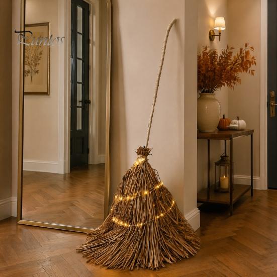 Rustic Farmhouse Fall Decorations 5.5 Ft Giant Light-up Witch Broom, Vintage Twig Broom with String Light, Charming Themed Party Supplies Decoration