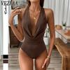 Women's Fashion Casual Solid Color Print Summer Spring Sleeveless Hanging Neck Bodysuits