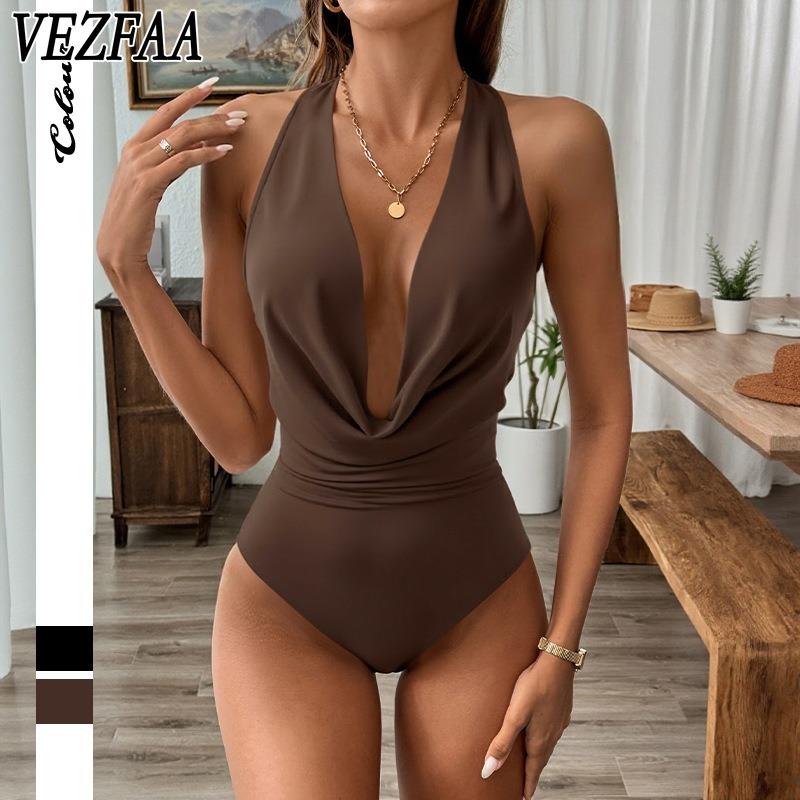 VEZFAA Women's Fashion Casual Solid Color Print Summer Spring Sleeveless Hanging Neck Bodysuits