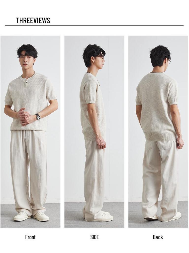 Męska letnia koszulka dzianinowa Henley z krótkim rękawem o kroju slim fit - Lekka, dojrzała, codzienna góra