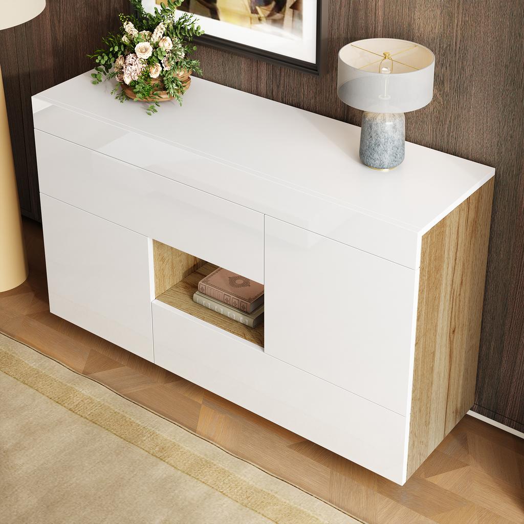 Sideboard, High-Gloss Sideboard, Display Cabinet, with Color-Changing LED Lighting, with Drawers