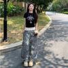 Womens Vintage Camo Print Wide Leg Jeans With Ribbed Waistband Straight Hem Mid-Rise Loose Fit Trousers