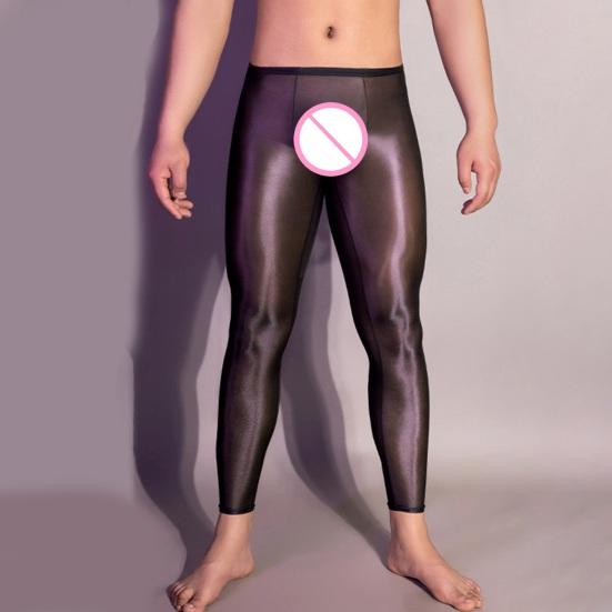 Pánské sexy dlouhé kalhoty průhledné olejově lesklé ultratenké strečové legíny lesklé ledové Silky Comfort úzké kalhoty