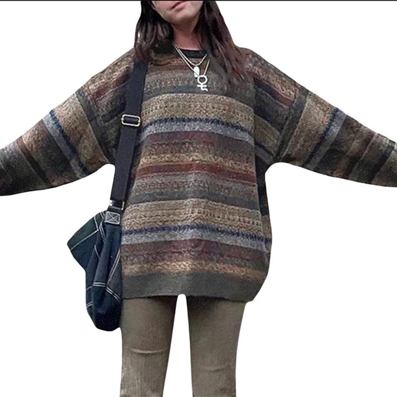 Women's Retro Striped Long Sleeve Casual Pullover Sweater