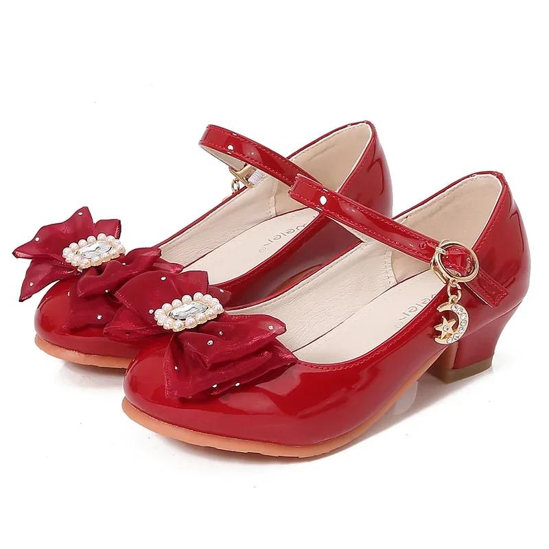 Spring Autumn Children High Heels Sweet Princess Causal Girls Party Dresses Shoes Fashion Bowknot Elegant Kids' Leather Shoes