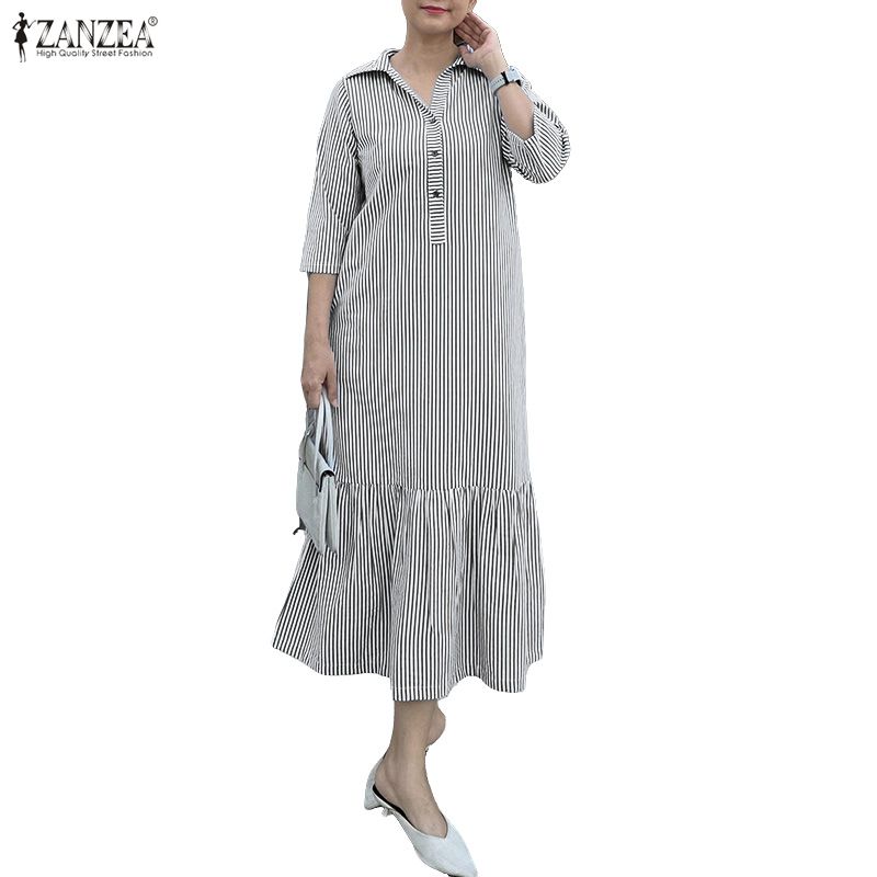 ZANZEA Women Casual Turn Down Collar Loose 3/4 Sleeve Stripe Long Dress