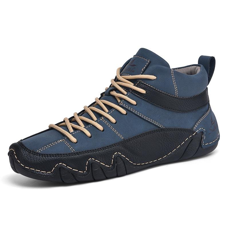 

New Men Leather Casual Shoes Outdoor Sport Hiking Shoes Lace-up Pointed Toe Short Boots 46 синій