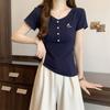 2025 New Navy Blue Short-sleeved T-shirt Women's Summer Short Slim and Thin Button Design Versatile Top Trendy