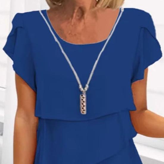 Women Chiffon Dress with Ruched Edge Round Neck Short Sleeves Multi-Layer Design Summer Midi