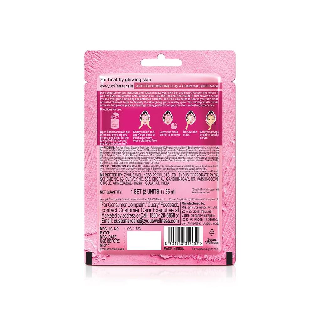 Everyuth Naturals Anti Pollution Pink Clay Charcoal Sheet Mask Pack Of 3 25ml Refreshing Detox Glow Biodegradable Face Mask For Radiant Skin