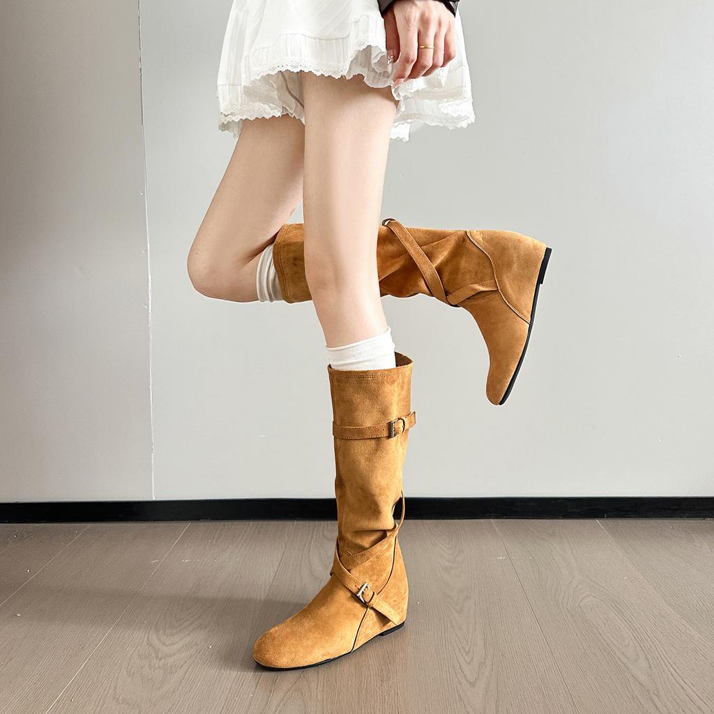 Inner height increase, soft fold and thin medium boots, children's autumn new round head buckle belt, western cowboy boots