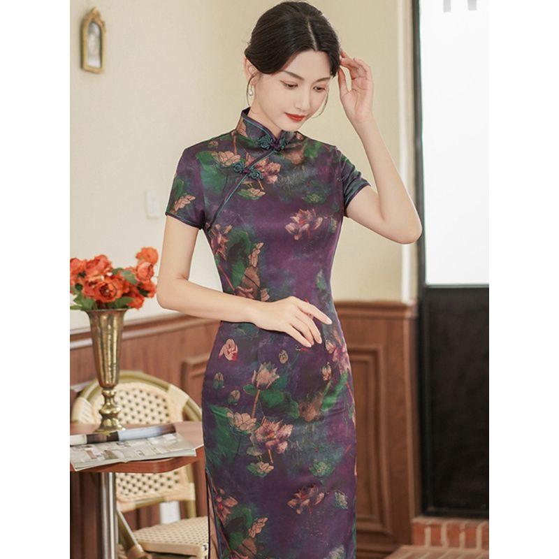 Printed Standing Neck Long Skirt Qipao Print Stand-up Collar Slim Fit Long Dress Cheongsam Women