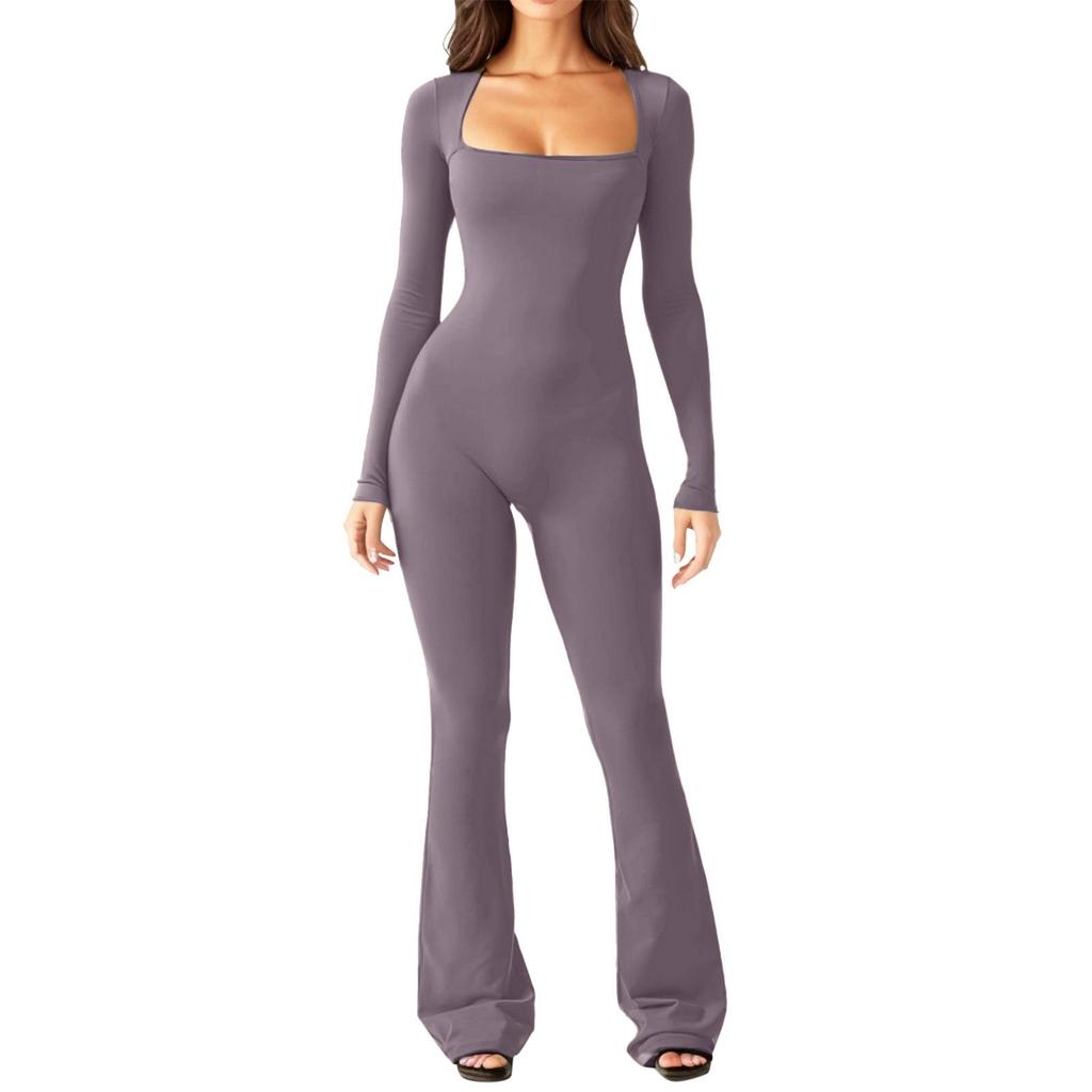 2023 Damen Langarm Jumpsuit mit Bauchkontrolle und Taillenformer, Po-Lifting, Karree-Ausschnitt, Weiter Beinausschnitt, Hohe Elastizität