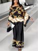 Baroque Print Batwing Sleeve Top & Elastic Waist Pants Set